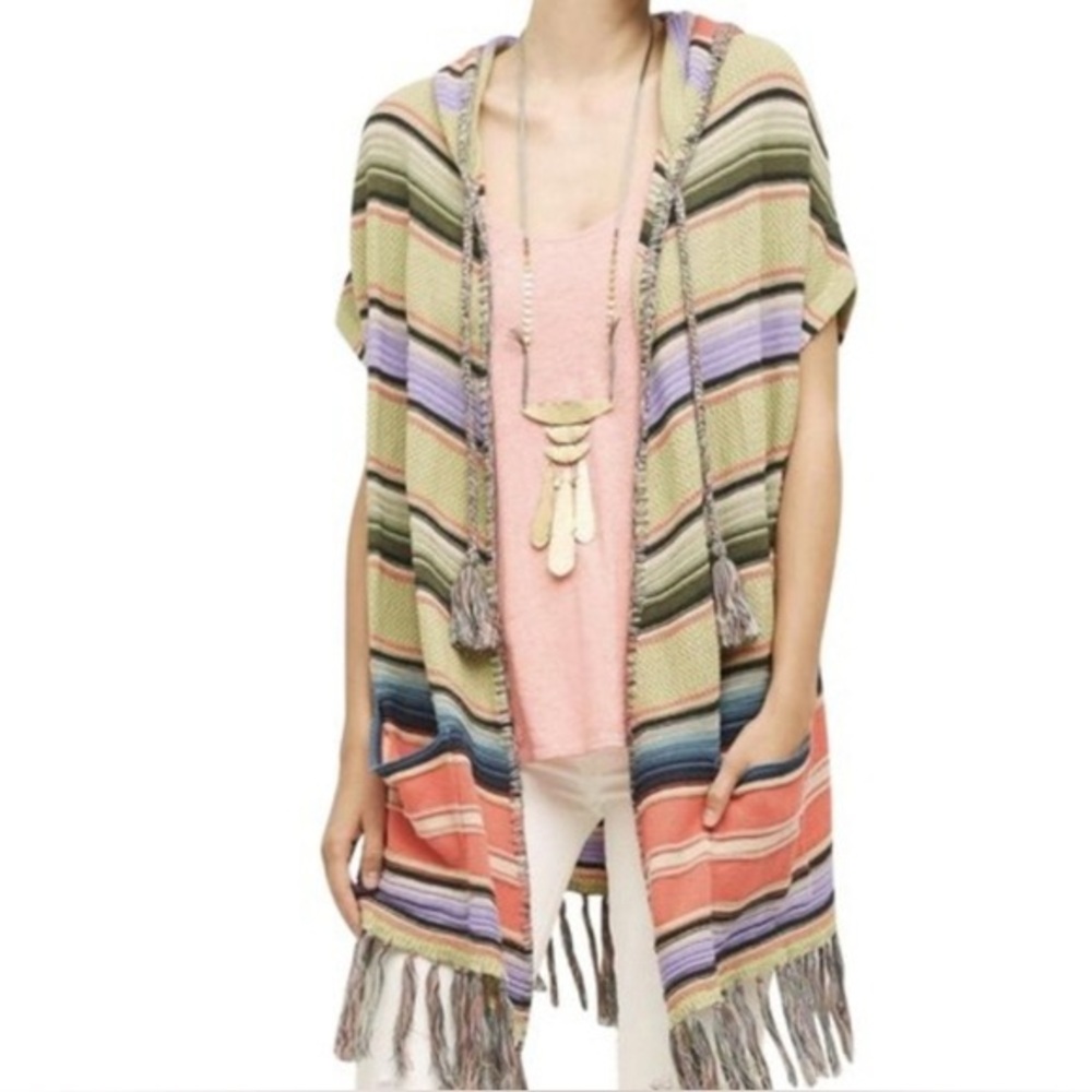 Anthropologie MOTH Calexico Striped Hooded Fringe Poncho with Patch Pockets